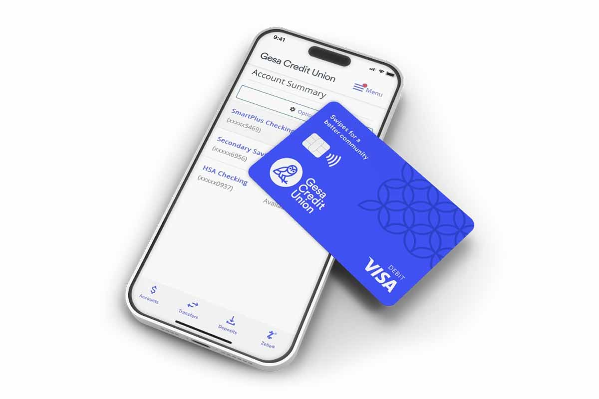 A Gesa Credit Union Visa debit card displayed on top of a smartphone showing an account summary screen in the Gesa mobile banking app.