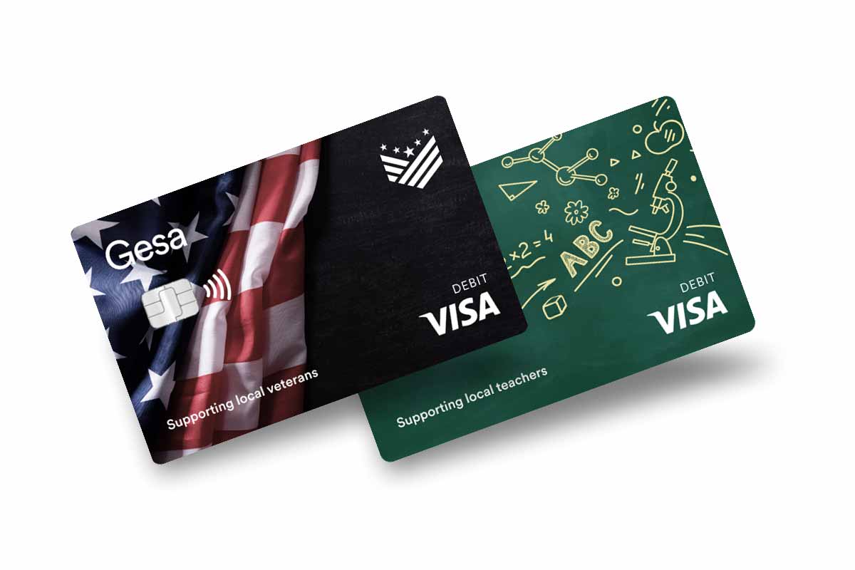 Two Gesa Visa debit cards, one honoring veterans with an American flag design and the other supporting teachers with educational illustrations.