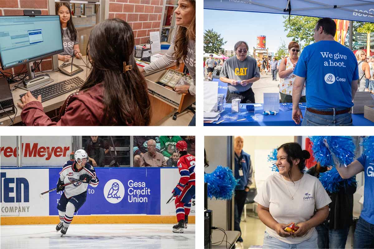 A collage of community engagement scenes featuring Gesa Credit Union: staff assisting a customer at a branch, a booth at an outdoor event, a hockey game with Gesa sponsorship, and a cheerful indoor celebration with pom-poms and participants in branded shirts